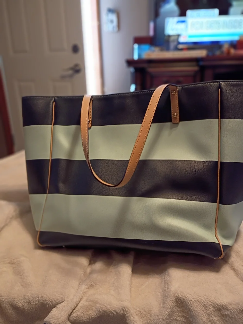 kate spade Blue and Teal Striped Tote with Tan Handles